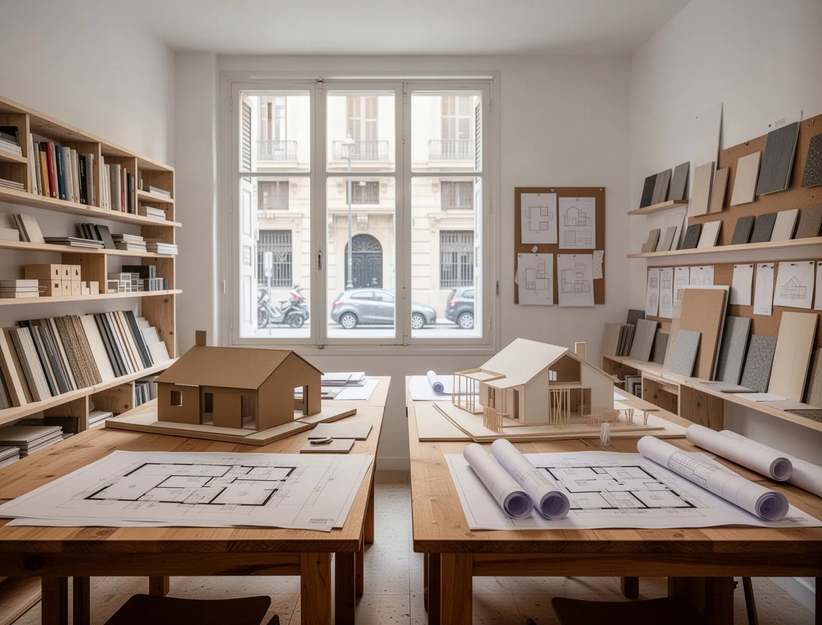 El estudio: dos mesas de trabajo con planos y maquetas junto a una ventana a la calle